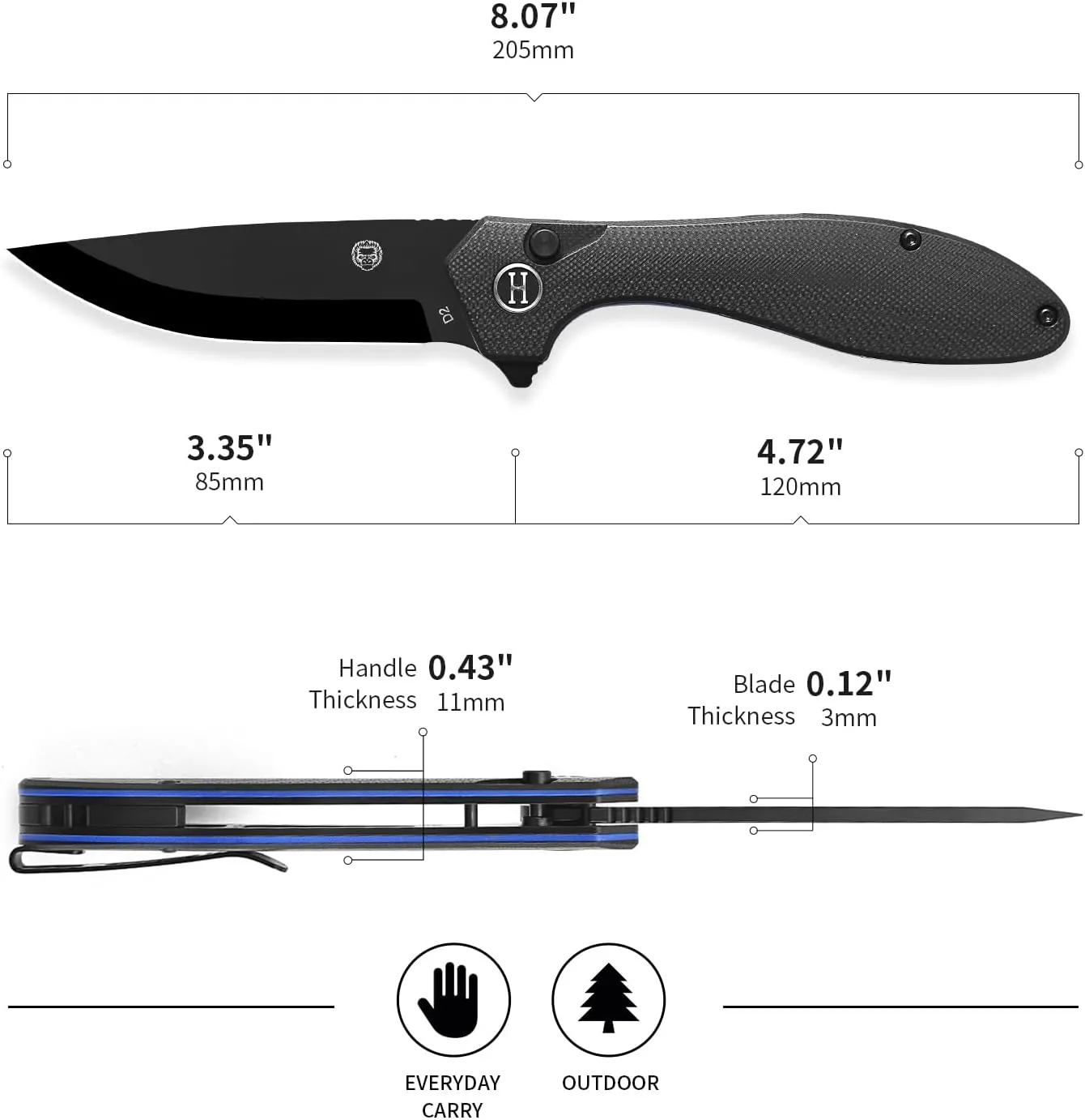 Holtzman's Gorilla Survival Mens Folding Pocket Knife Set D2 Steel Blade G10 Handle Pocket Knife EDC Gift set for Men (black blade black/blue G10 liner)