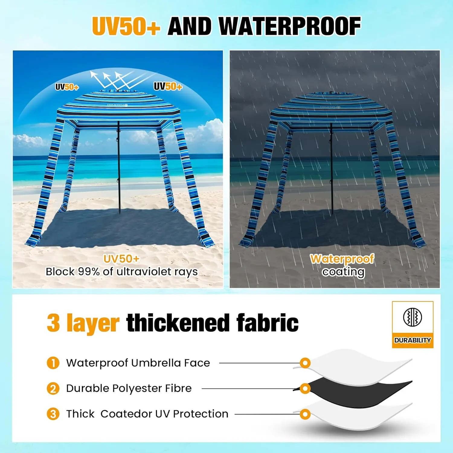 HOMEDEMO Beach Cabana UPF 50 , 6'×6' Beach Canopy, Easy Set up and Take Down, Cool Cabana Beach Tent with Sand Pockets, Side Wall Beach Shade Canopy Wind Waterproof for Kids, Family & Friends