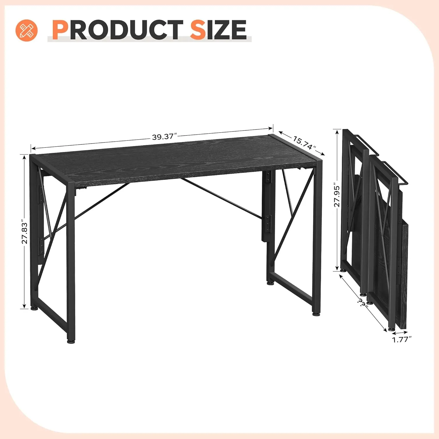 Homeiju Folding Desk, 40" Foldable Table for Small Spaces, Portable for Bedroom, Home Office, Camping, Traveling, Space Saving, Easy Assembly, Black
