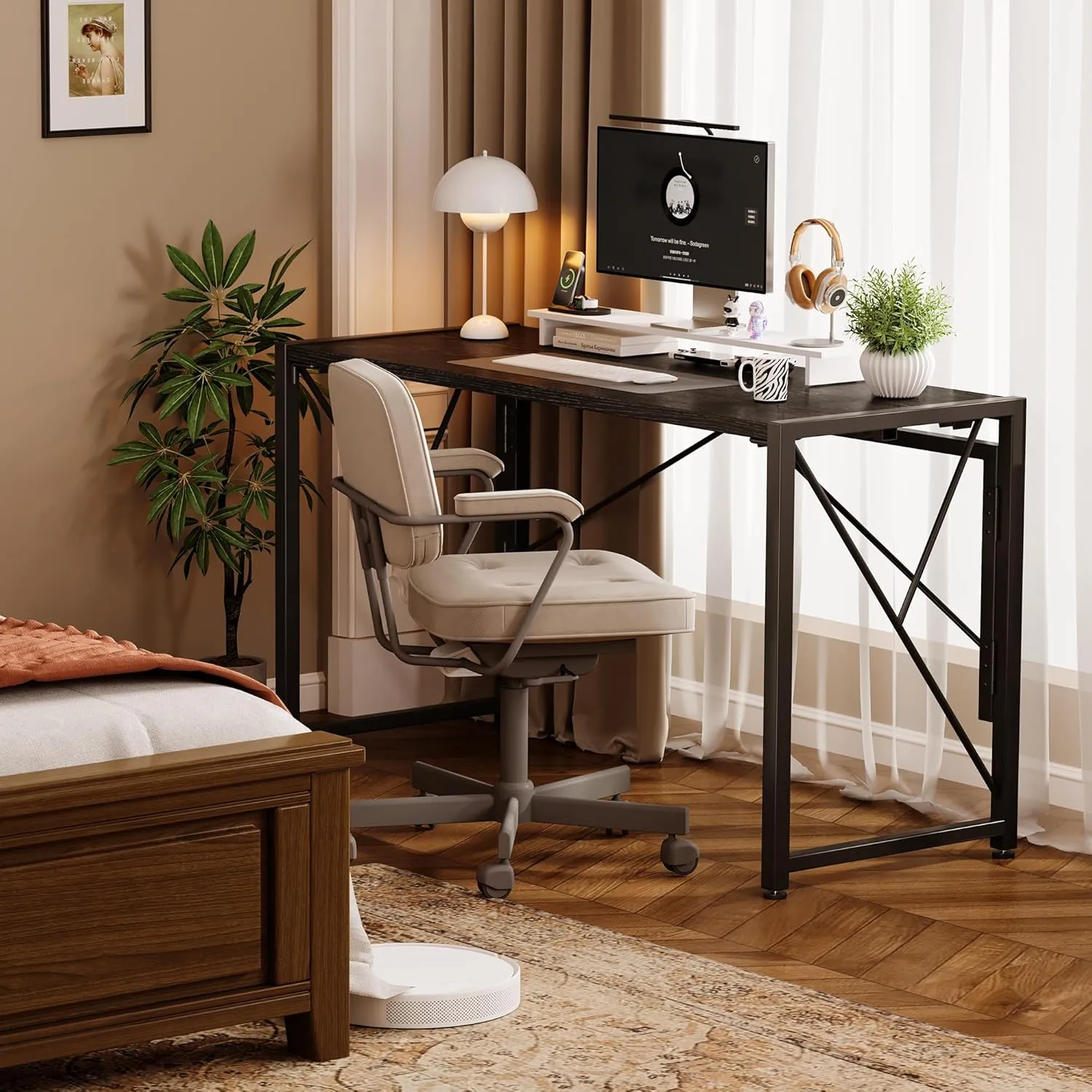 Homeiju Folding Desk, 40" Foldable Table for Small Spaces, Portable for Bedroom, Home Office, Camping, Traveling, Space Saving, Easy Assembly, Black