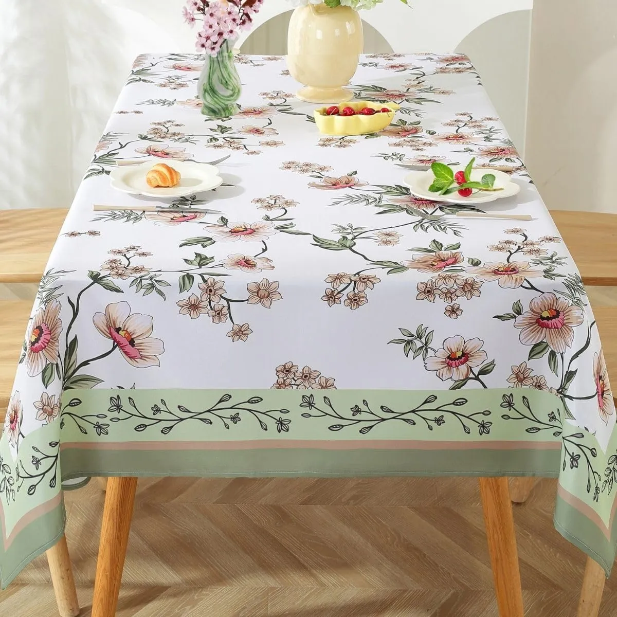 Honellaty Spring Summer Cherry Blossom Pattern Sage Green Tablecloth, Rectangular Table Cloth Anti-Wrinkle Spill Resistant,Blooming Petals Easy Care Stain Resistant Table Cover (60×102 inch)