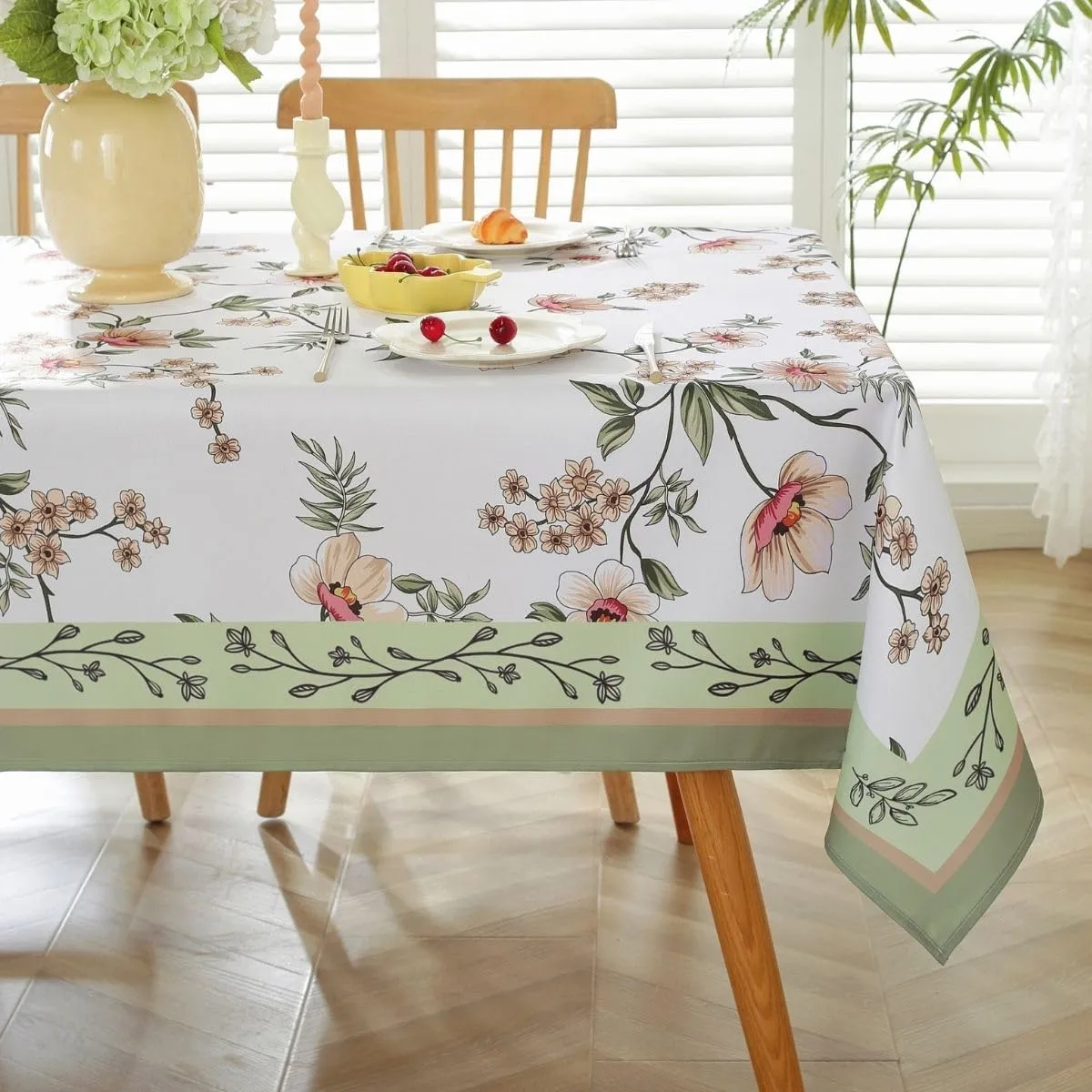 Honellaty Spring Summer Cherry Blossom Pattern Sage Green Tablecloth, Rectangular Table Cloth Anti-Wrinkle Spill Resistant,Blooming Petals Easy Care Stain Resistant Table Cover (60×102 inch)