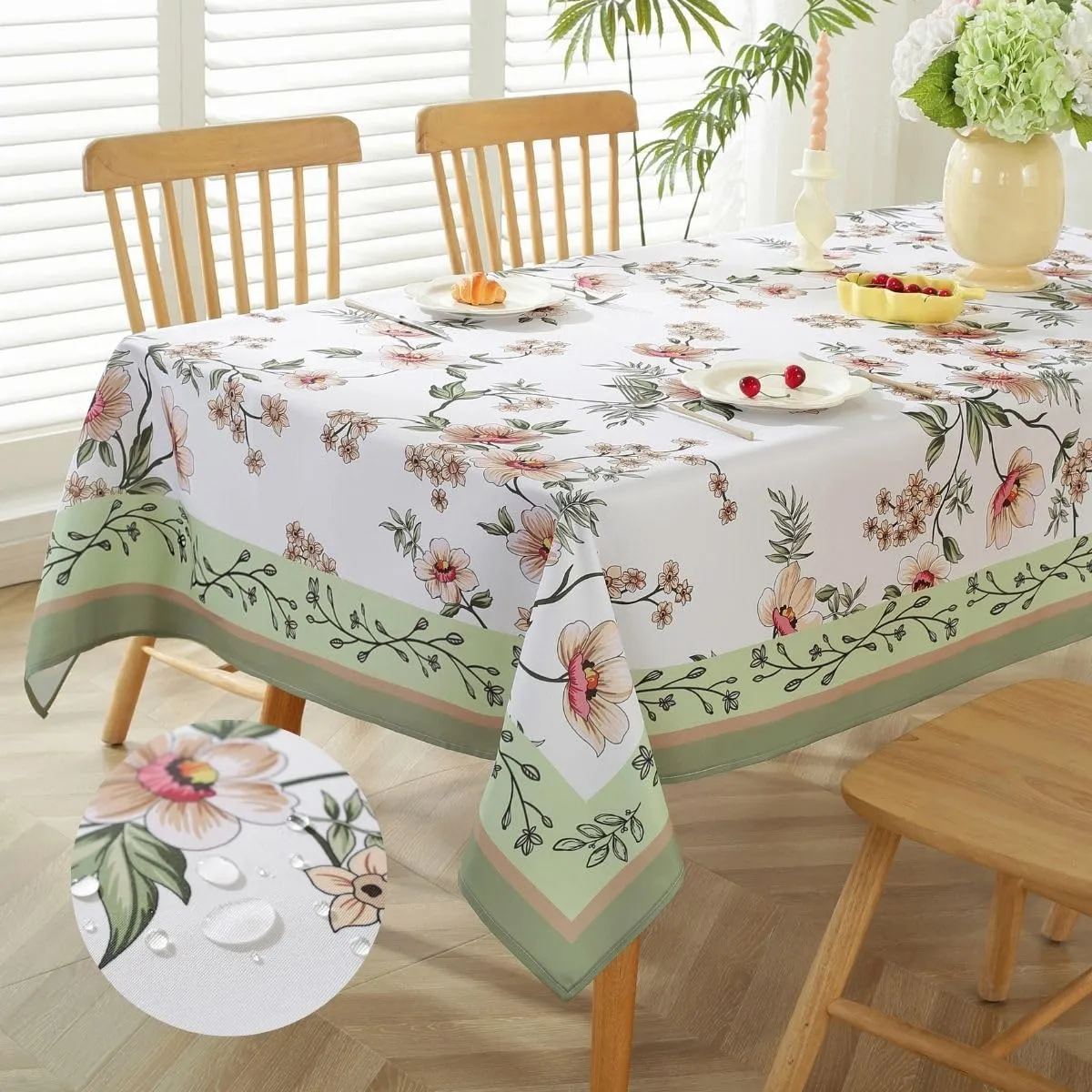 Honellaty Spring Summer Cherry Blossom Pattern Sage Green Tablecloth, Rectangular Table Cloth Anti-Wrinkle Spill Resistant,Blooming Petals Easy Care Stain Resistant Table Cover (60×102 inch)