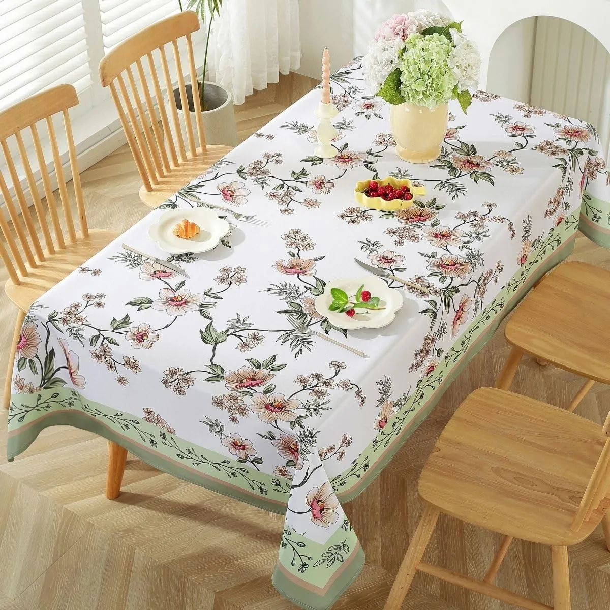 Honellaty Spring Summer Cherry Blossom Pattern Sage Green Tablecloth, Rectangular Table Cloth Anti-Wrinkle Spill Resistant,Blooming Petals Easy Care Stain Resistant Table Cover (60×102 inch)