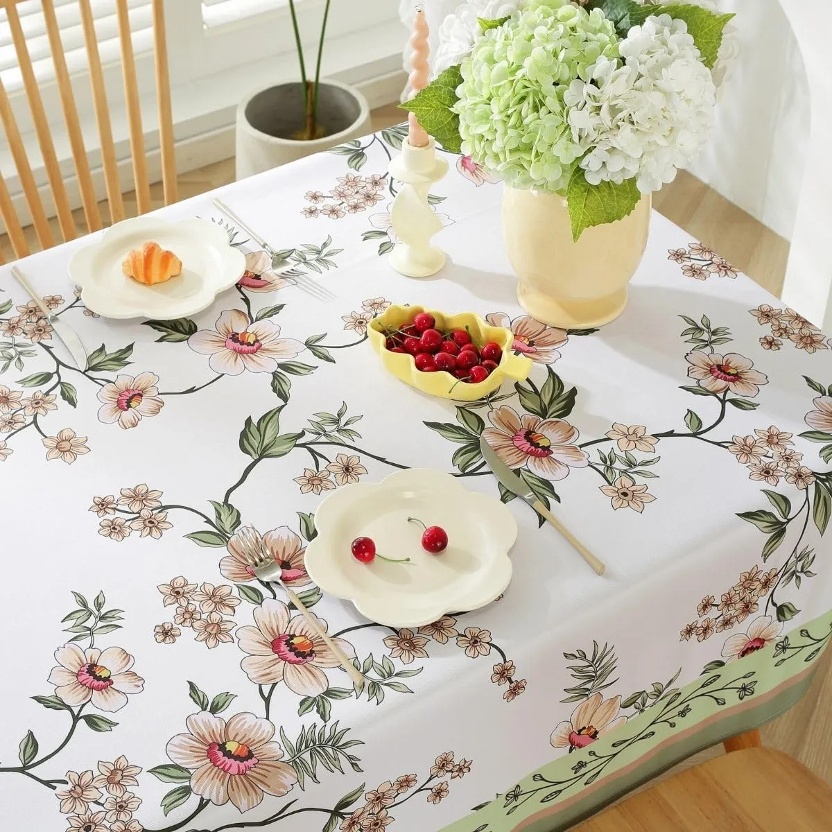 Honellaty Spring Summer Cherry Blossom Pattern Sage Green Tablecloth, Rectangular Table Cloth Anti-Wrinkle Spill Resistant,Blooming Petals Easy Care Stain Resistant Table Cover (60×102 inch)