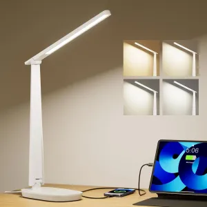 HONEYWELL Desk Lamp for Home Office, Dimmable LED Desk Light with USB A C Dual Charging, 4 Modes Brightness Touch Lamp with Timer, Eye Caring Foldable Reading Light, Table Lamp for Study Nightstand