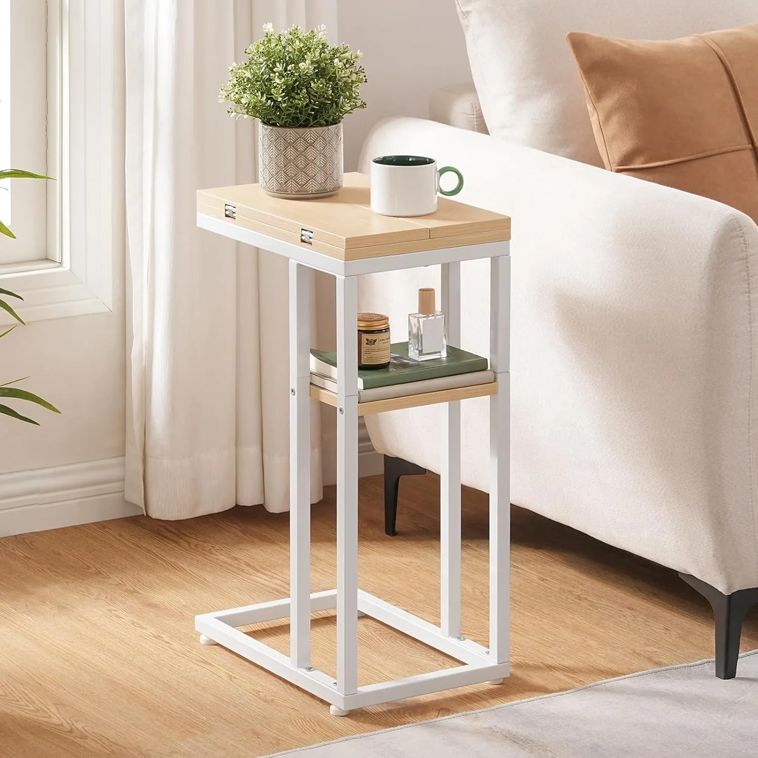 HOOBRO Foldable End Table, C Shaped Side Table with Storage Shelf, Small Snack Table Suitable for Living Room Bedroom Small Spaces, Easy Assembly, White and Natural WN29SF01