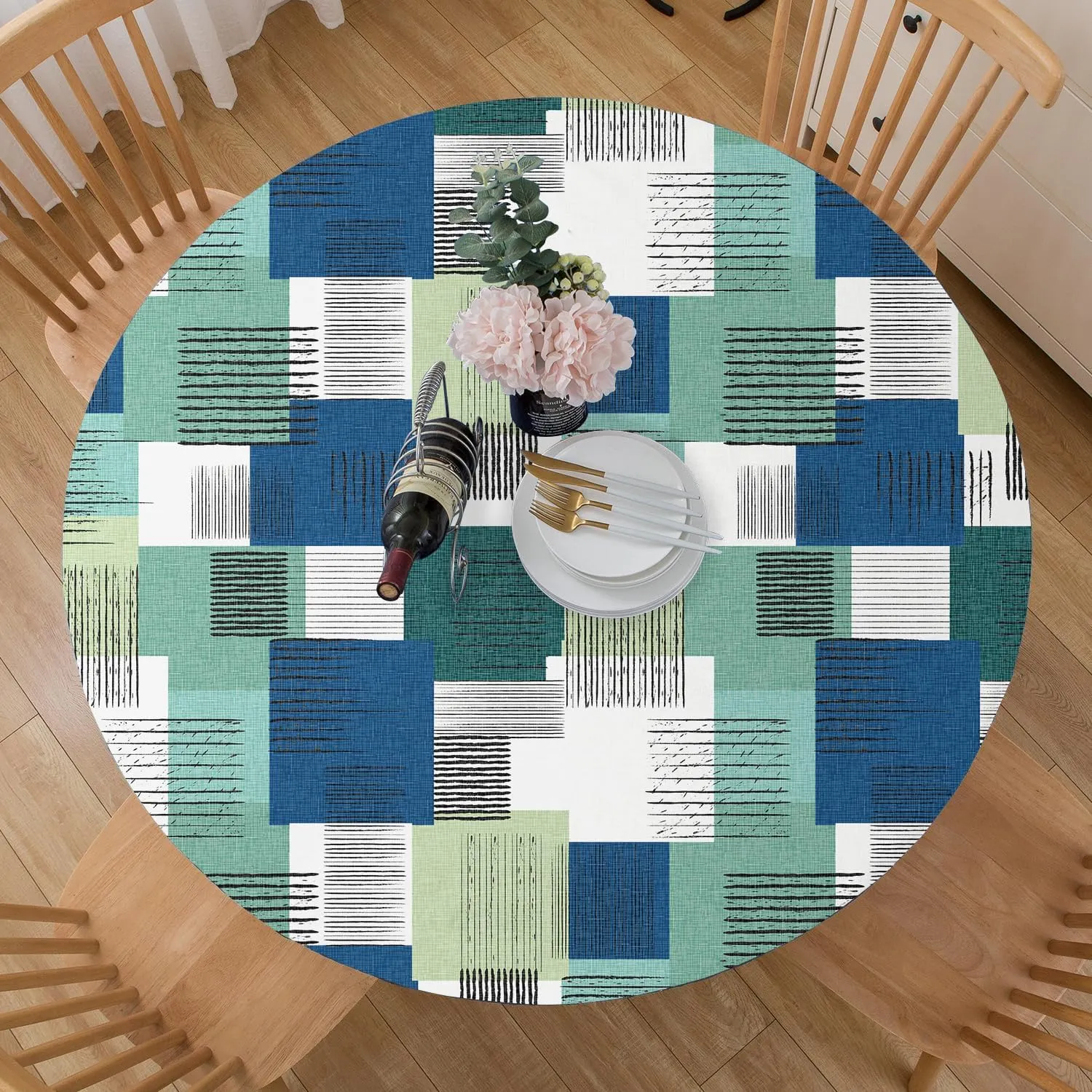 Horizontal and Vertical Lines Tablecloth Fitted Elastic Oil-Proof Modern Patio Table Covers Wrinkle Resistant Round Tablecloths Waterproof for 36" - 44" Round Table