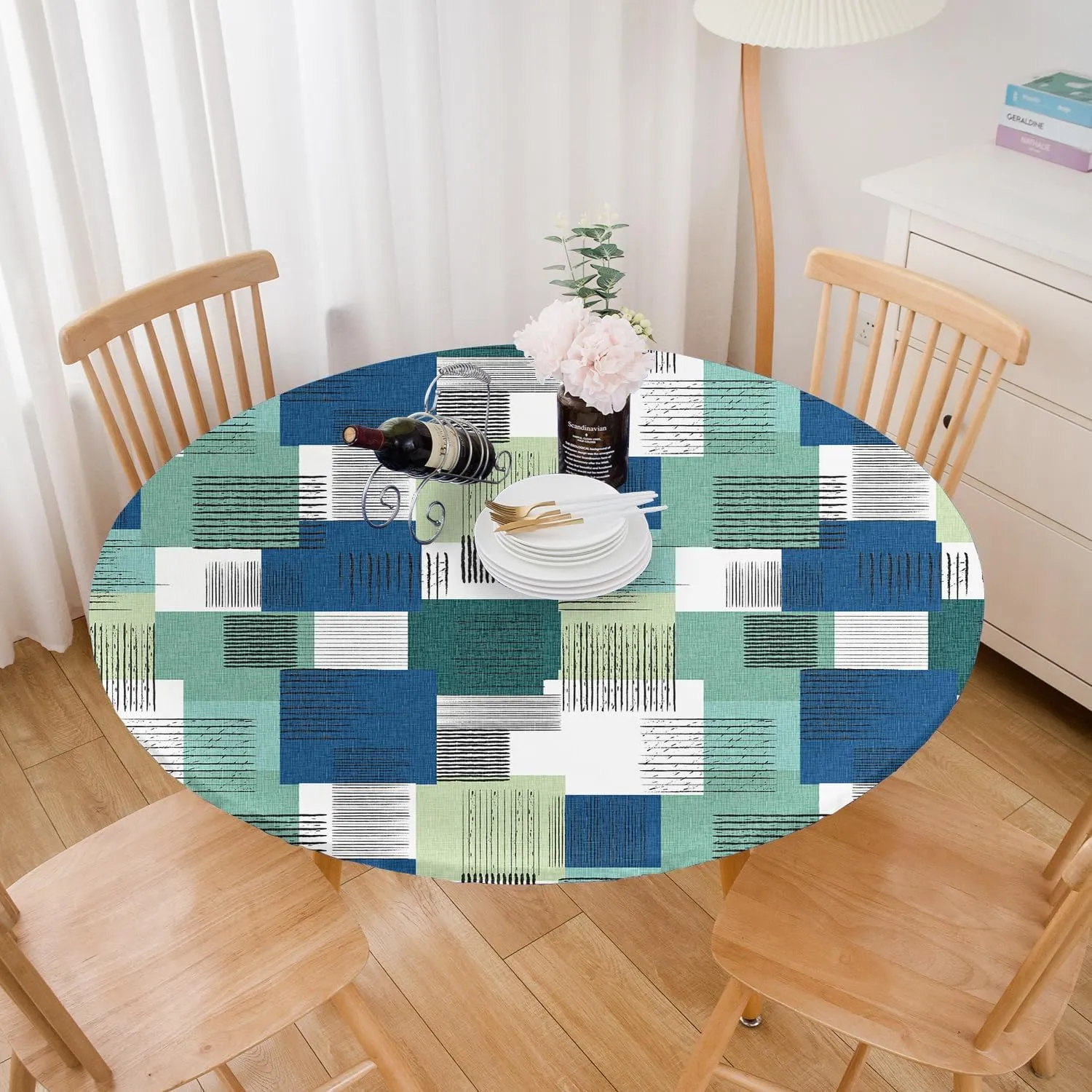 Horizontal and Vertical Lines Tablecloth Fitted Elastic Oil-Proof Modern Patio Table Covers Wrinkle Resistant Round Tablecloths Waterproof for 36" - 44" Round Table