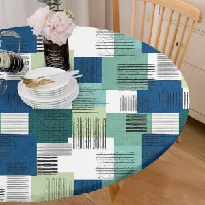 Horizontal and Vertical Lines Tablecloth Fitted Elastic Oil-Proof Modern Patio Table Covers Wrinkle Resistant Round Tablecloths Waterproof for 36" - 44" Round Table