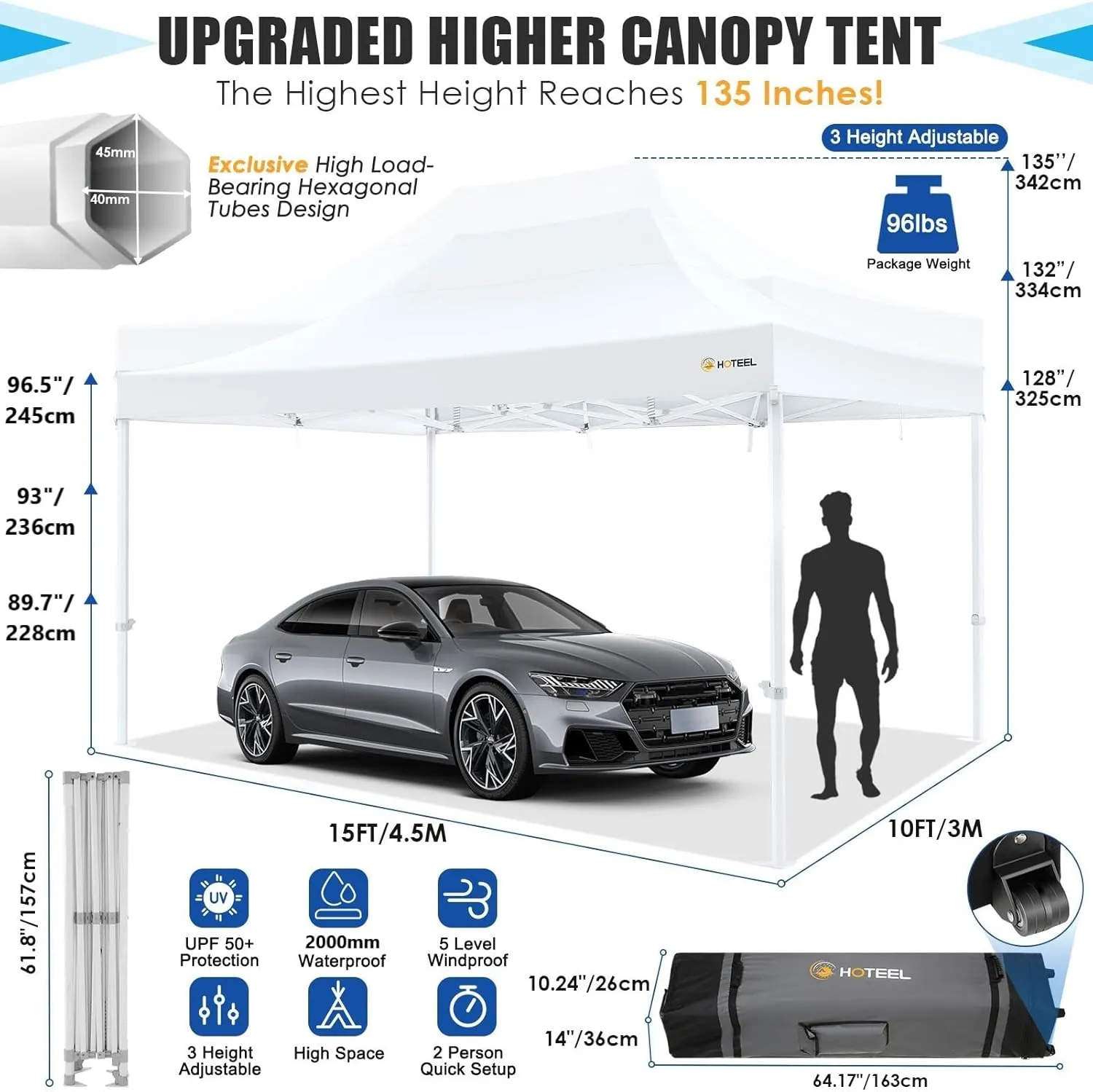 HOTEEL 10x15 Heavy Duty Pop Up Canopy Tent for Parties Event Wedding Commercial Instant Canopy Portable Shelter Folding with Roller Bag, Waterproof UV Resistant, Upgraded Thick Hexagonal Legs, White