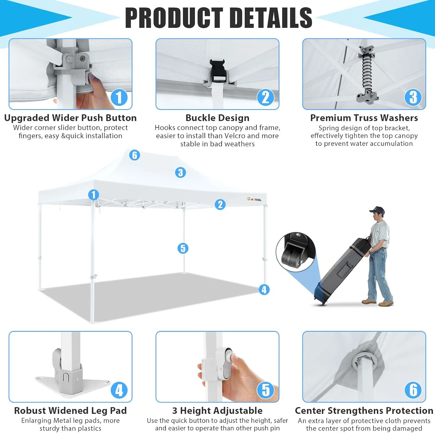HOTEEL 10x15 Heavy Duty Pop Up Canopy Tent for Parties Event Wedding Commercial Instant Canopy Portable Shelter Folding with Roller Bag, Waterproof UV Resistant, Upgraded Thick Hexagonal Legs, White