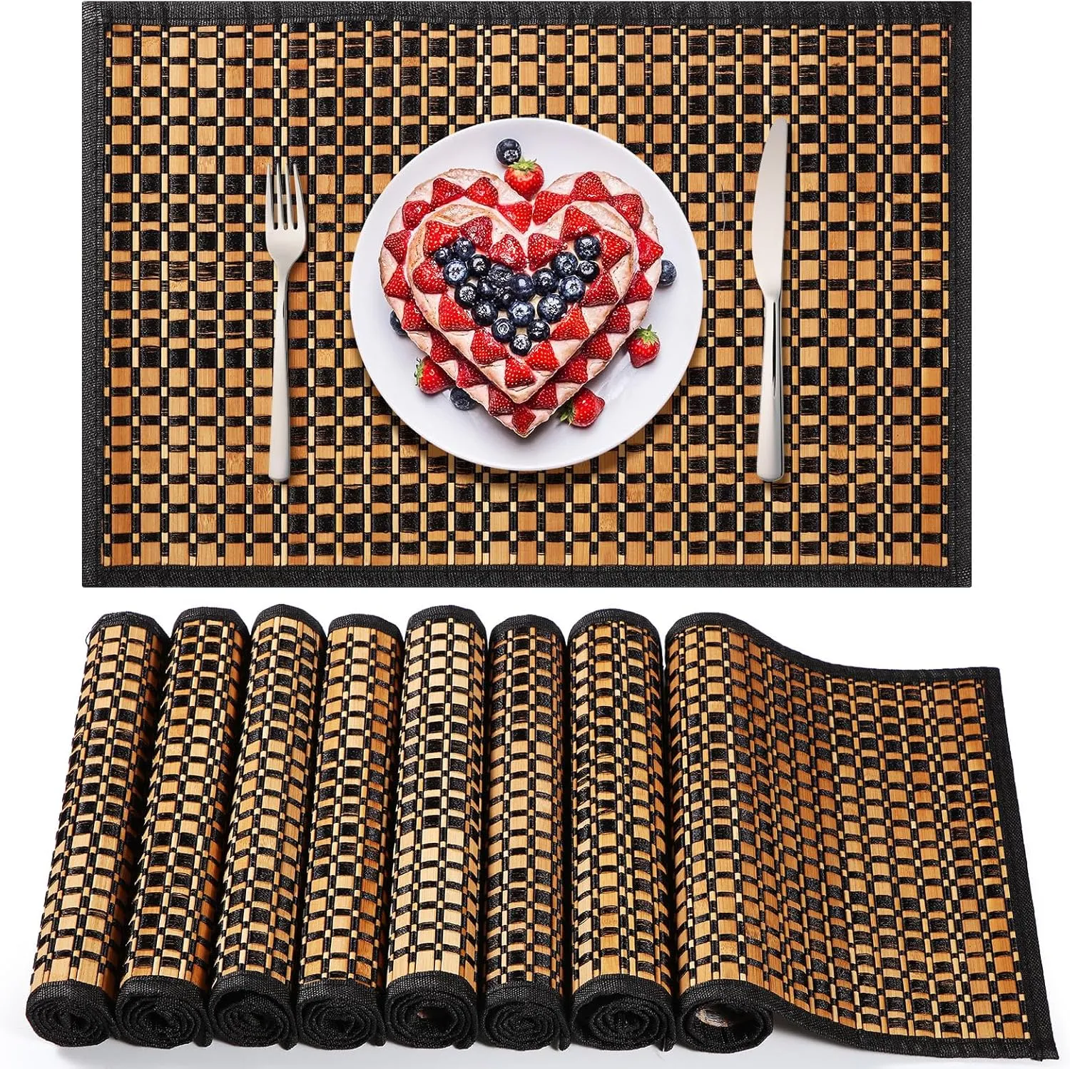 Hushee 8 Pcs Bamboo Placemats Bamboo Dining Table Mats Washable Heat Resistant Place Mats for Dining Room and Kitchen Table, 18 x 12 inch(Elegant Style)