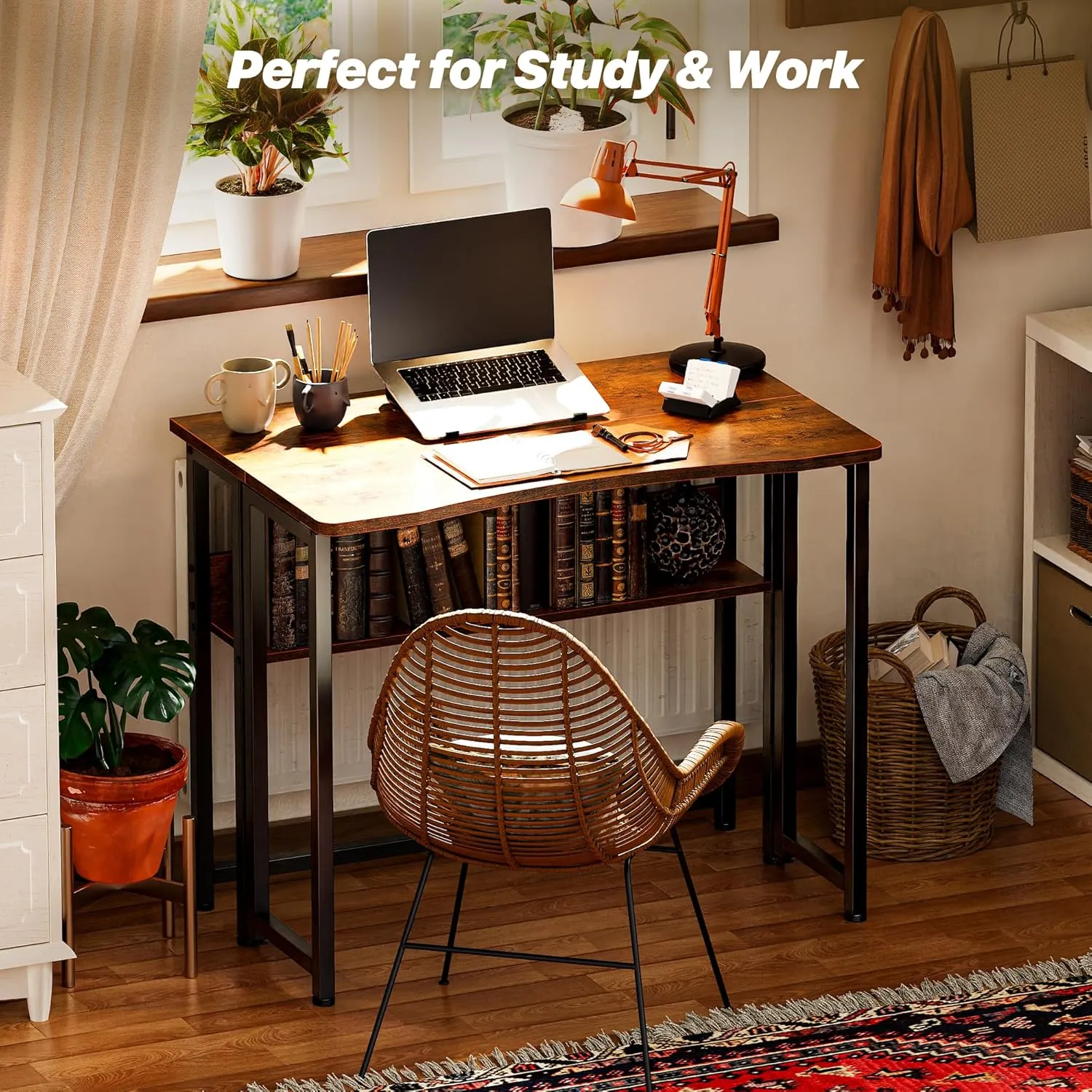 Huuger Folding Desk with Storage Shelf, 31.5 Inch Foldable Computer Table for Small Spaces, Space Saving Sofa Table for Couch, Writing Work Office Computer Desk, Easy to Fold, Rustic Brown