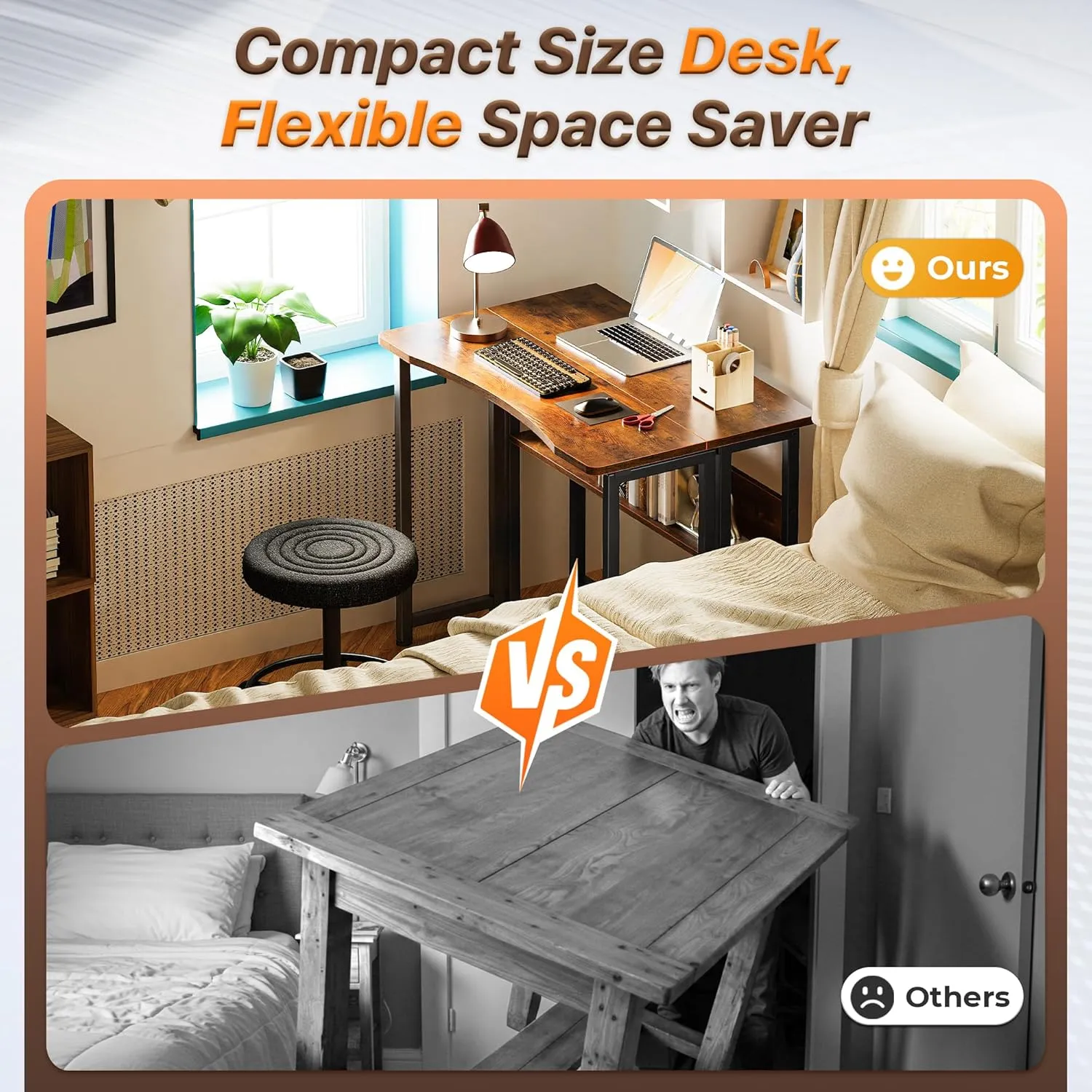 Huuger Folding Desk with Storage Shelf, 31.5 Inch Foldable Computer Table for Small Spaces, Space Saving Sofa Table for Couch, Writing Work Office Computer Desk, Easy to Fold, Rustic Brown