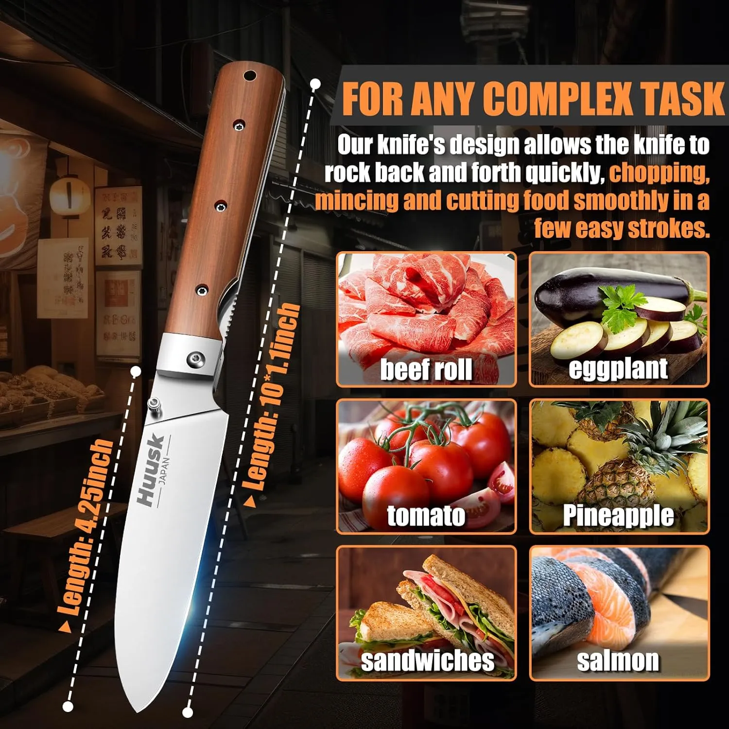 Huusk Folding Chef Pocket Knife - Japanese Santoku Knives, edc Kitchen Knives with 440C Stainless Steel Ultra Sharp Blade, Portable Meat Knives for Vegetable, Gifts for Men