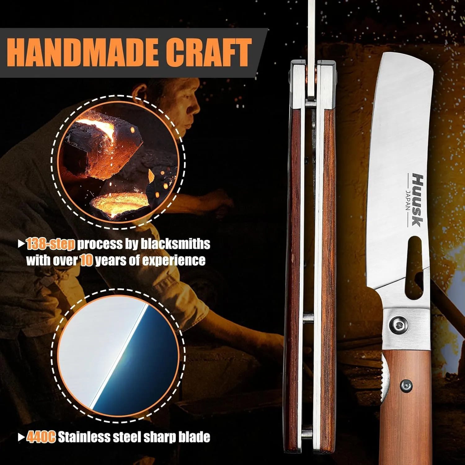 Huusk Japanese Folding Nakiri Knife - Pocket Chef Knife with 440C Stainless Steel Ultra Sharp Blade, Portable kitchen knife for BBQ Trip Outdoor, Gifts for Men
