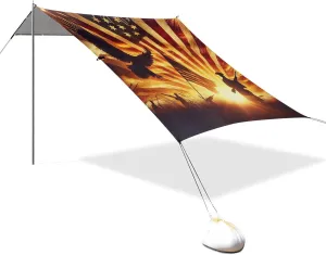 Independence Day American Freedom Beach Tent Sun Shelter Set, UPF50  UV Protection 10.5 x 9.19 FT Camping Shade Canopy with Sandbags, Sand Anchors, Carrying Bag, and Others