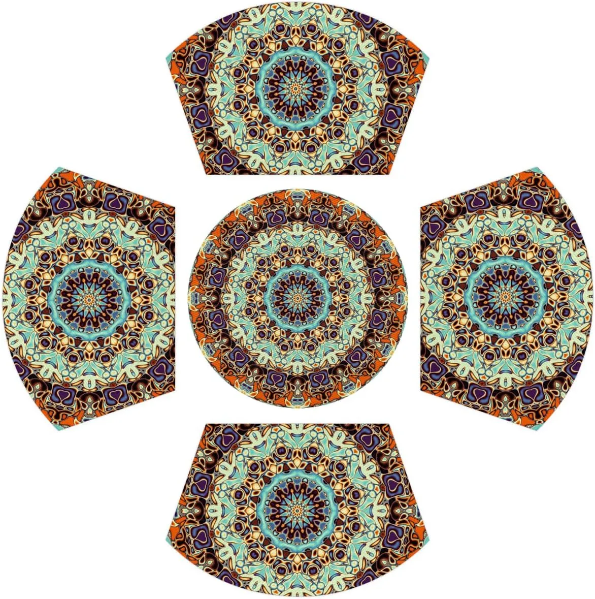 Indian Tribal Mandala PVC Placemats for Round Table Place Mats Set of 5 with Round Centerpiece Mat, Large Size Wedge Shape Placemats Washable Dining Table Placemats Heat Resistant Dining Table Mat