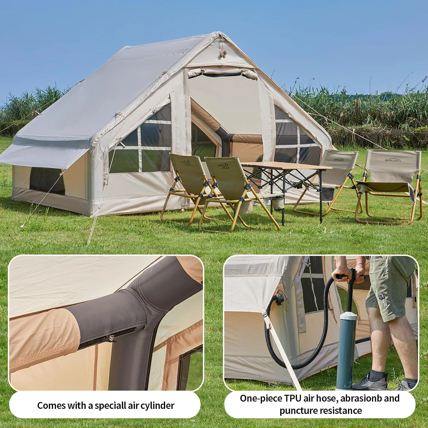 Inflatable Tent with Pump,4-6 Person Instant Glamping Camping Tents House, Easy Setup Blow Up Family Tents for 4 Seasons Waterproof Inflatable Tent for Camping with Mesh Windows.