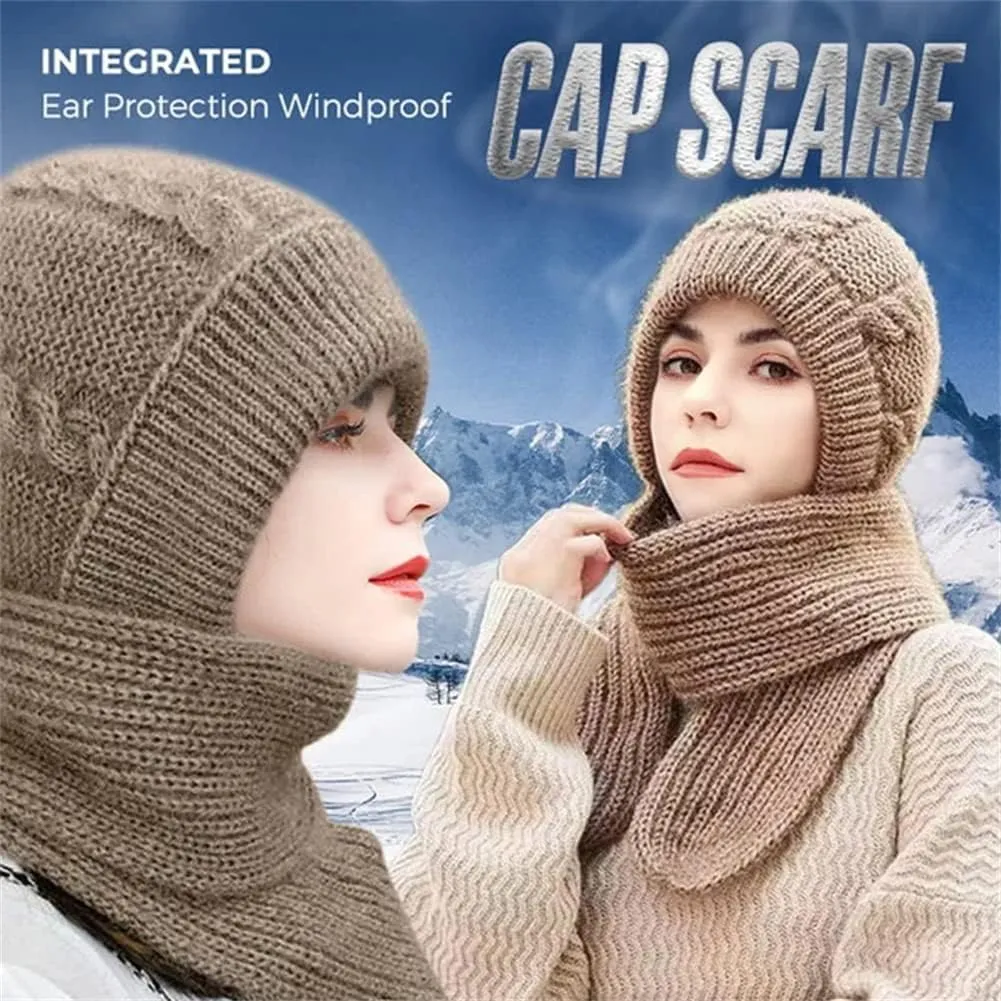 Integrated Ear Protection Windproof Cap Scarf, Knitting Thick Warm Ear Guard Hat, Hooded Scarf, Women Winter Knitted Hat (Brown Beige)