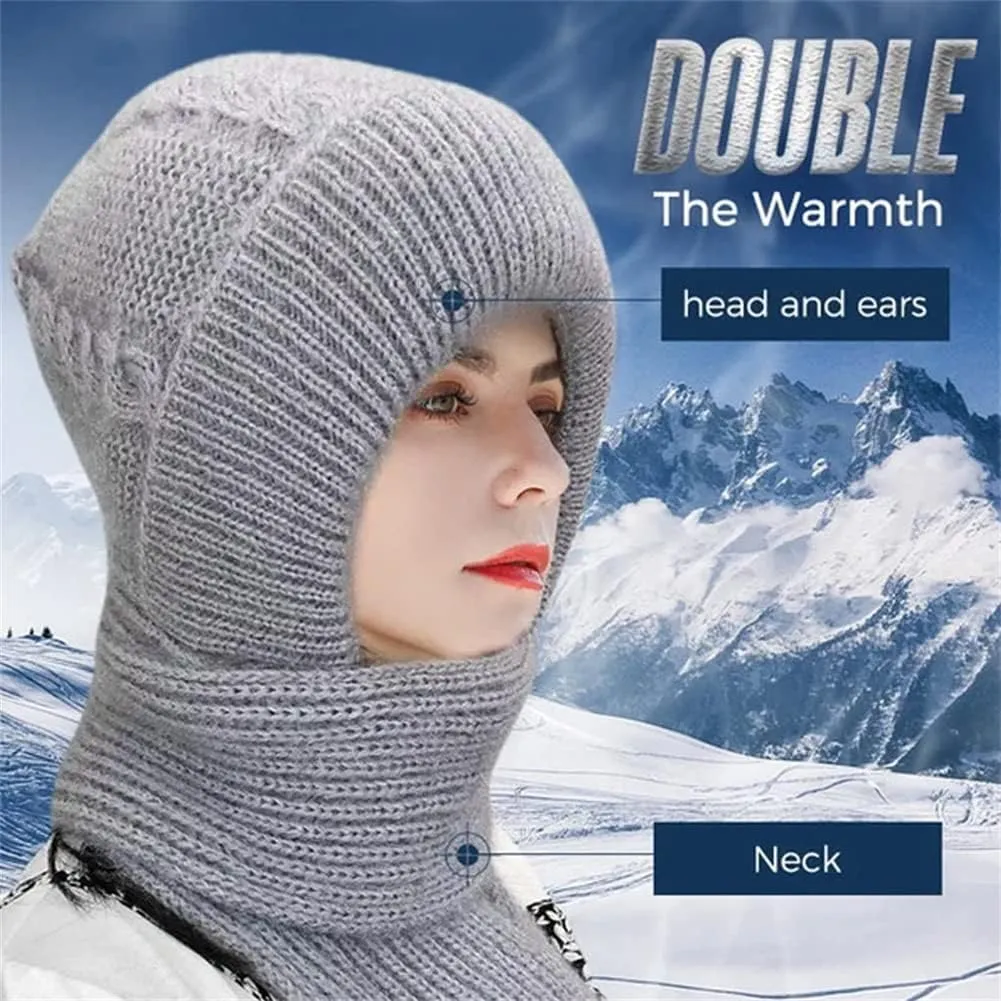 Integrated Ear Protection Windproof Cap Scarf, Knitting Thick Warm Ear Guard Hat, Hooded Scarf, Women Winter Knitted Hat (Brown Beige)