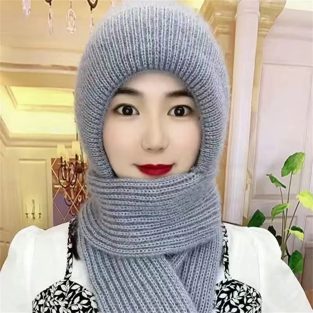 Integrated Ear Protection Windproof Cap Scarf, Knitting Thick Warm Ear Guard Hat, Hooded Scarf, Women Winter Knitted Hat (Brown Beige)