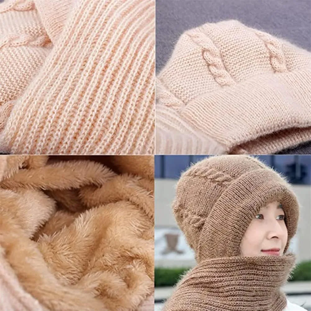 Integrated Ear Protection Windproof Cap Scarf, Knitting Thick Warm Ear Guard Hat, Hooded Scarf, Women Winter Knitted Hat (Brown Beige)