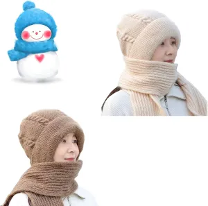 Integrated Ear Protection Windproof Cap Scarf, Knitting Thick Warm Ear Guard Hat, Hooded Scarf, Women Winter Knitted Hat (Brown Beige)