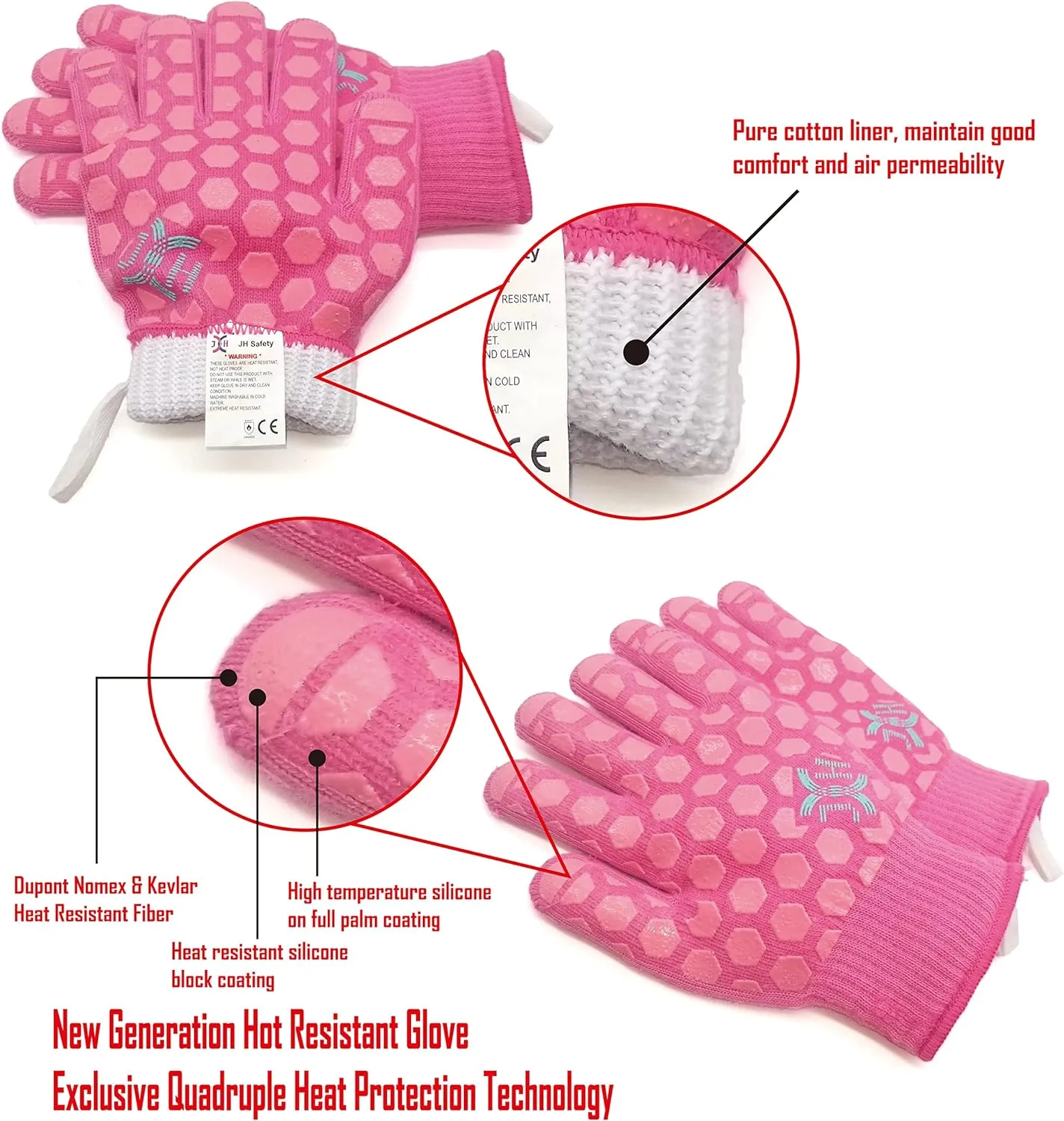 J H Heat Resistant Oven Glove: EN407 Certified 932 °F BBQ & Oven Mitts for Grlling, Baking, Kitchen, Camping,Fireplace Indoor&Outdoor 1 Pair