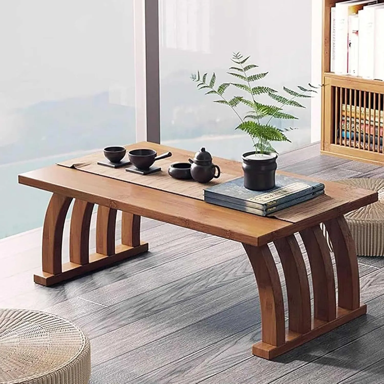 Japanese Style Solid Wood Low Coffee Table for Floor Sitting, Bamboo Laptop Desk, Serving Tray Dining Table, Foldable Meditation and Home Decoration(80cm)