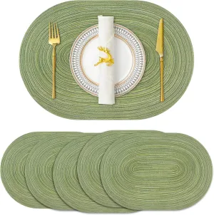 JeogYong Oval Placemats Set of 6 Washable Placemats Woven Placemats 14 x 20 Inch Oval Heat-Resistant Table Mats for Dining Tables, Indoor & Outdoor Decorations (Green)