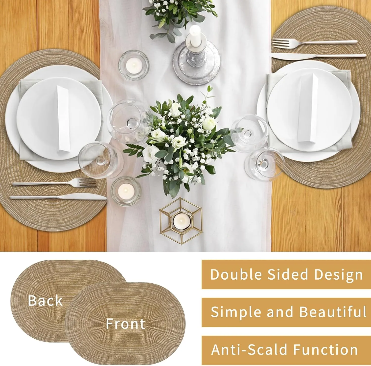 JeogYong Oval Placemats Set of 6 Washable Placemats Woven Placemats 14 x 20 Inch Oval Heat-Resistant Table Mats for Dining Tables, Indoor & Outdoor Decorations (Green)