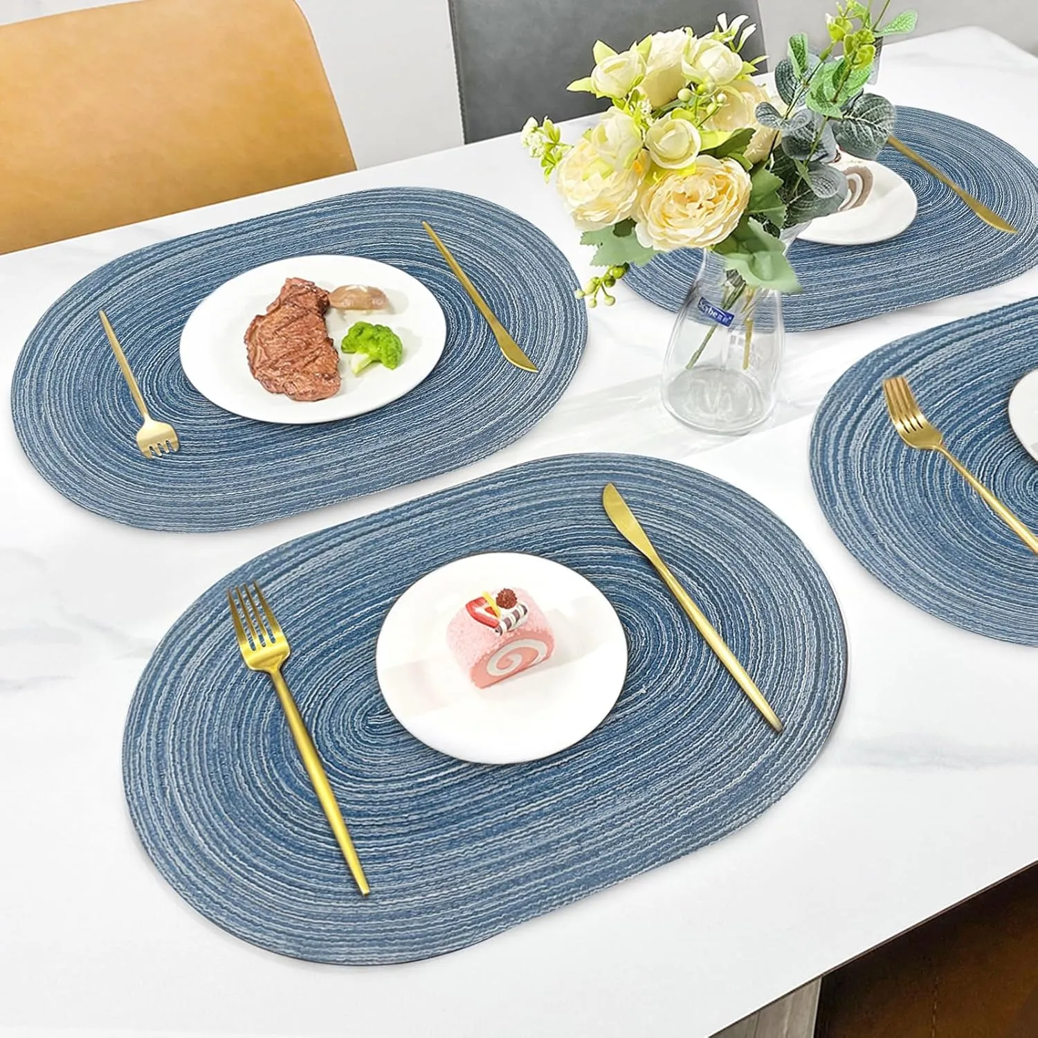 JeogYong Oval Placemats Set of 6 Washable Placemats Woven Placemats 14 x 20 Inch Oval Heat-Resistant Table Mats for Dining Tables, Indoor & Outdoor Decorations (Green)