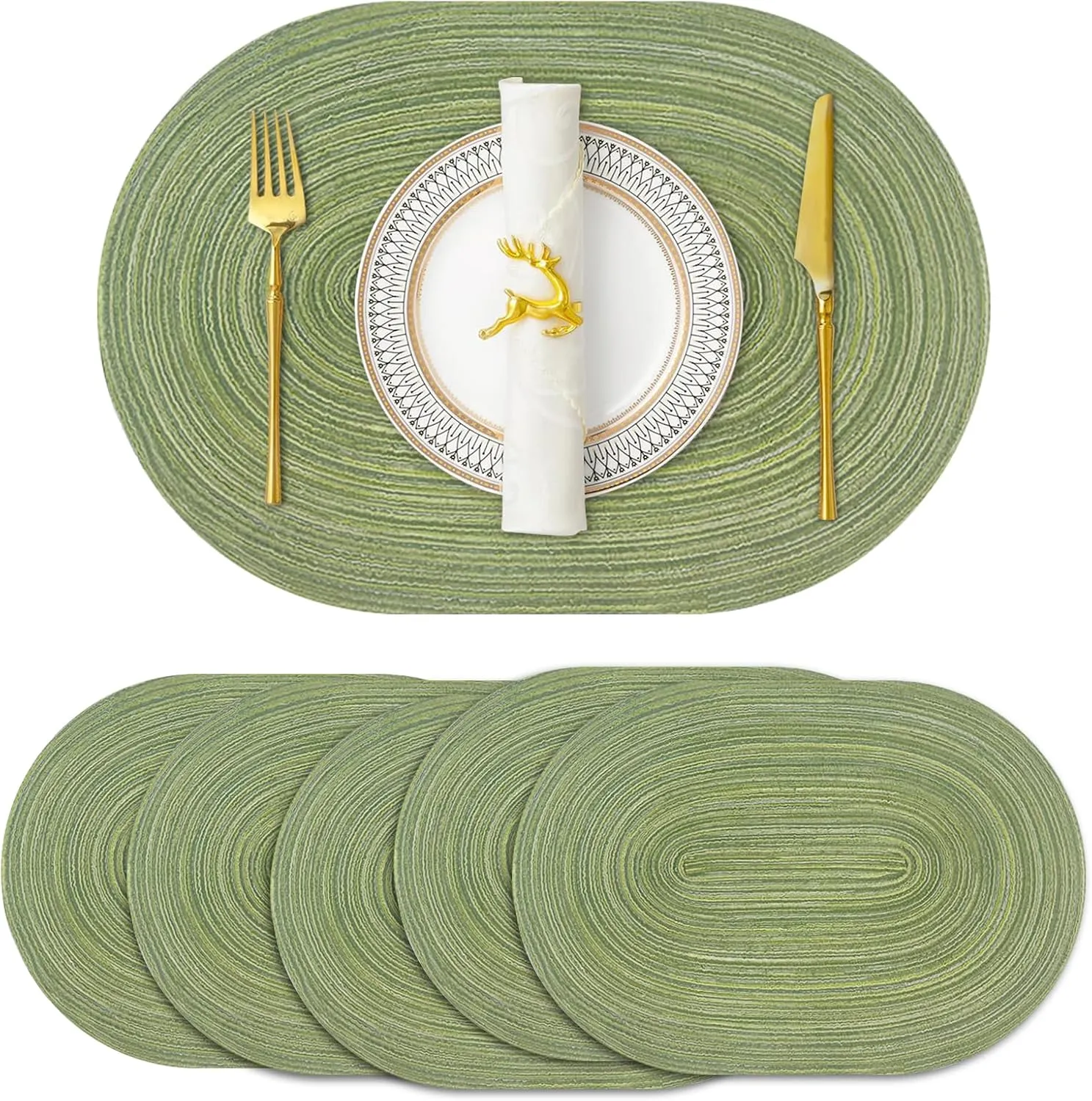 JeogYong Oval Placemats Set of 6 Washable Placemats Woven Placemats 14 x 20 Inch Oval Heat-Resistant Table Mats for Dining Tables, Indoor & Outdoor Decorations (Green)