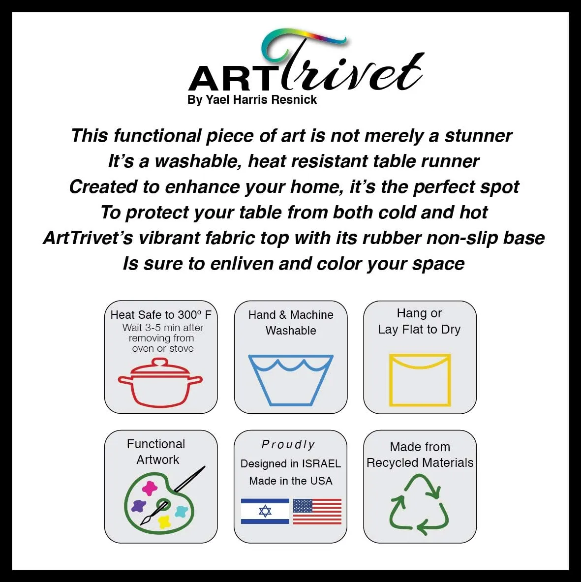 Jerusalem ArtTrivet Heat-Resistant Table Runner and Trivet - Fabric top and Non-Slip Rubber Base (12"x48")