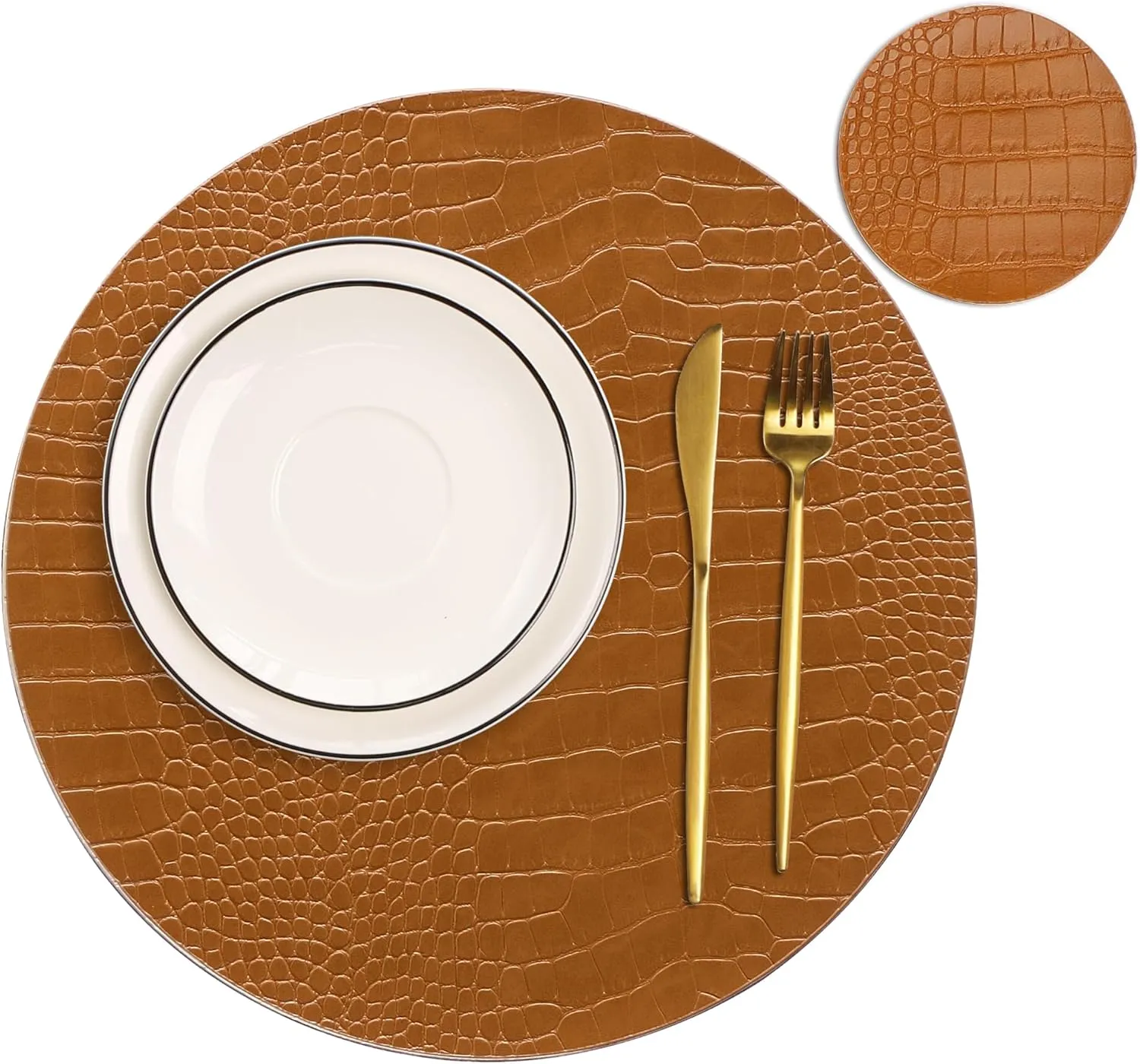 Jovono Round Leather Placemats for Round Tables Set of 6, Brown Place Mats and Coasters, Wipeable Waterproof Heat Resistant Table Mats Easy to Care for Indoor Decor 14 inch Diameter