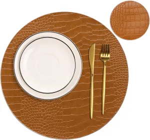 Jovono Round Leather Placemats for Round Tables Set of 6, Brown Place Mats and Coasters, Wipeable Waterproof Heat Resistant Table Mats Easy to Care for Indoor Decor 14 inch Diameter