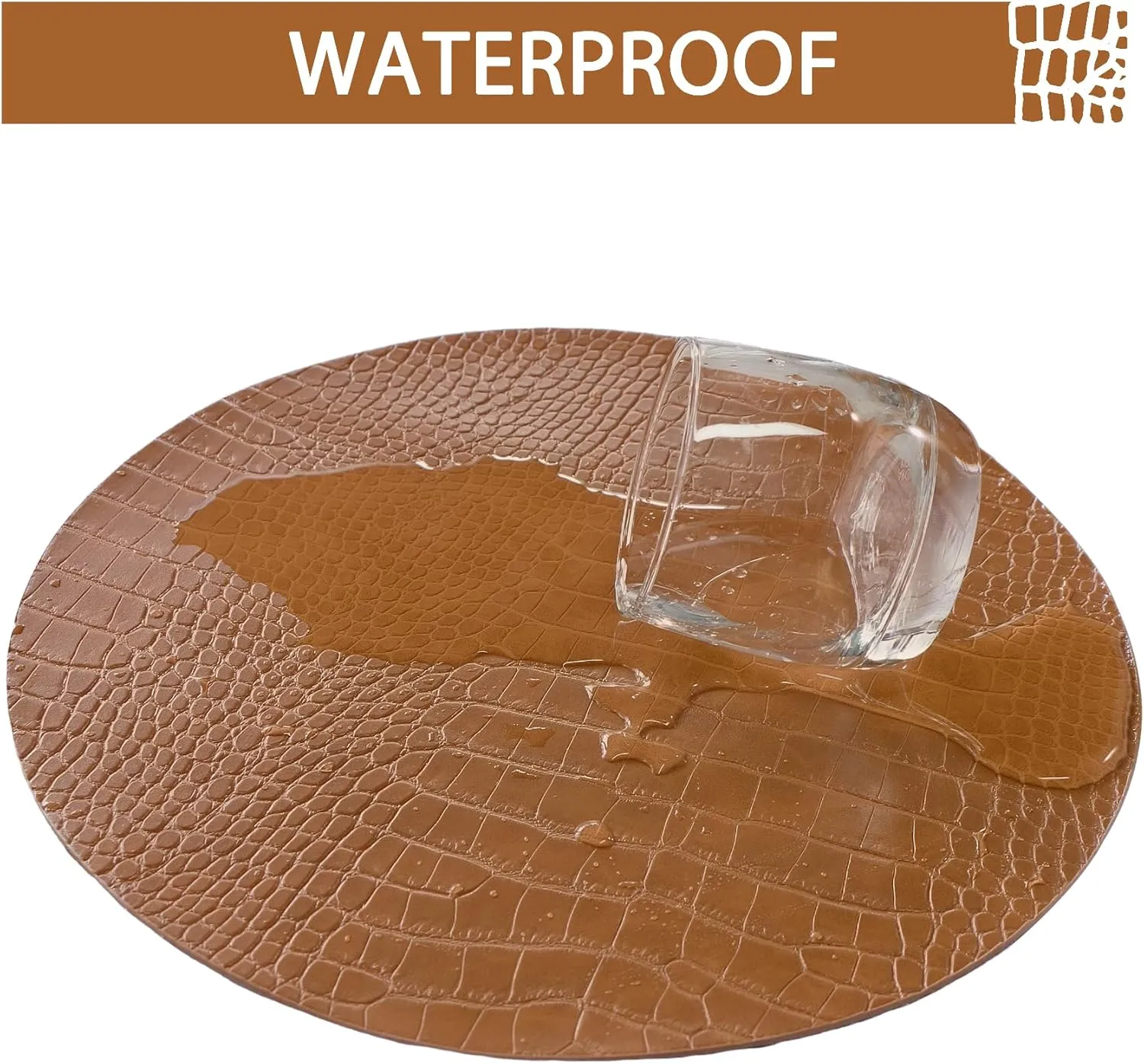 Jovono Round Leather Placemats for Round Tables Set of 6, Brown Place Mats and Coasters, Wipeable Waterproof Heat Resistant Table Mats Easy to Care for Indoor Decor 14 inch Diameter