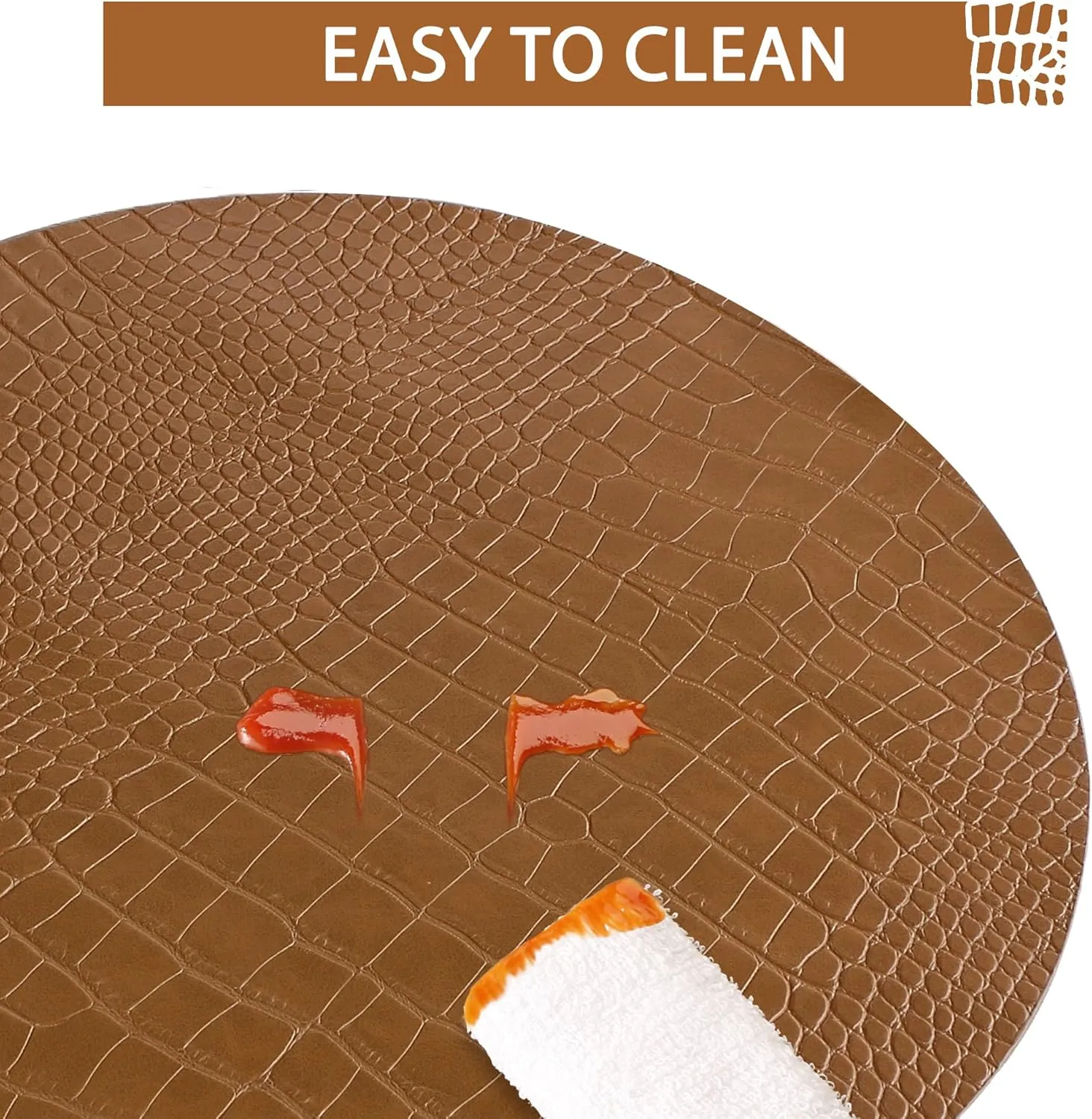 Jovono Round Leather Placemats for Round Tables Set of 6, Brown Place Mats and Coasters, Wipeable Waterproof Heat Resistant Table Mats Easy to Care for Indoor Decor 14 inch Diameter