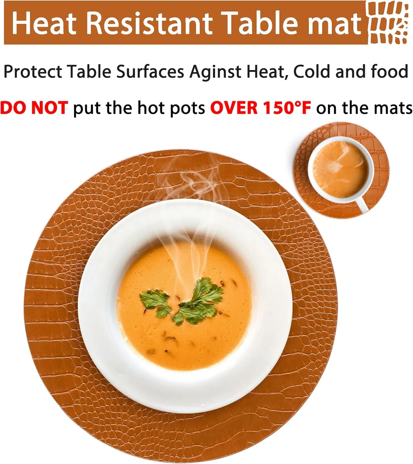 Jovono Round Leather Placemats for Round Tables Set of 6, Brown Place Mats and Coasters, Wipeable Waterproof Heat Resistant Table Mats Easy to Care for Indoor Decor 14 inch Diameter