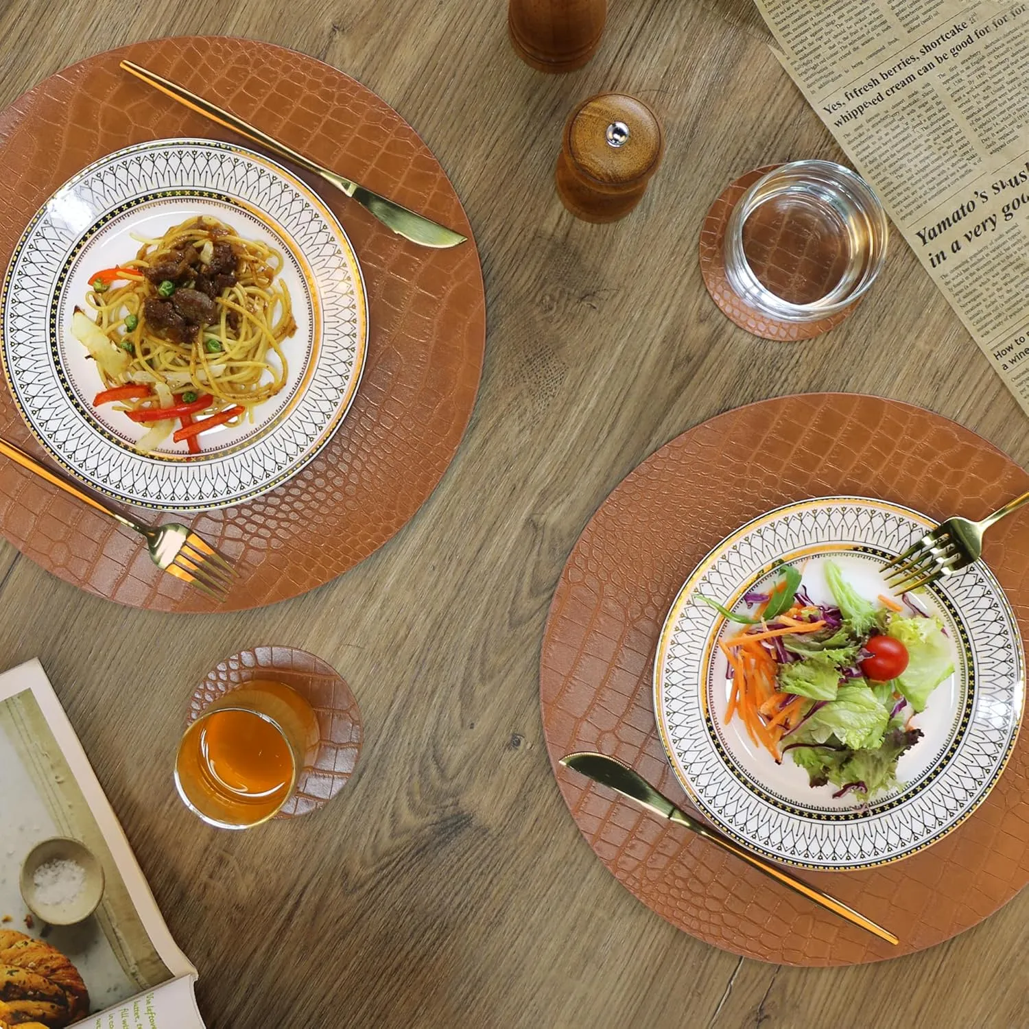 Jovono Round Leather Placemats for Round Tables Set of 6, Brown Place Mats and Coasters, Wipeable Waterproof Heat Resistant Table Mats Easy to Care for Indoor Decor 14 inch Diameter