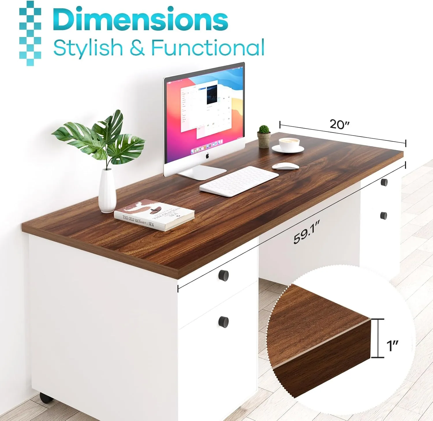 Kaboon Universal Table Top 59.1x20 inches, Solid One-Piece Desktop for Sit Stand Desk, Double Desks, L Desk DIY,Wood Countertop Home or Commercial Use,1 inch Thick, Dark Walnut
