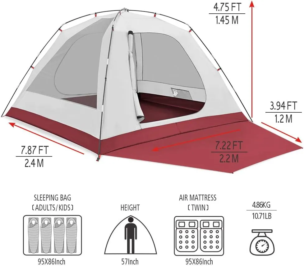 KAZOO 2／4 Person Camping Tent Outdoor Waterproof Family Large Tents 2/4 People Easy Setup Tent with Porch Double Layer