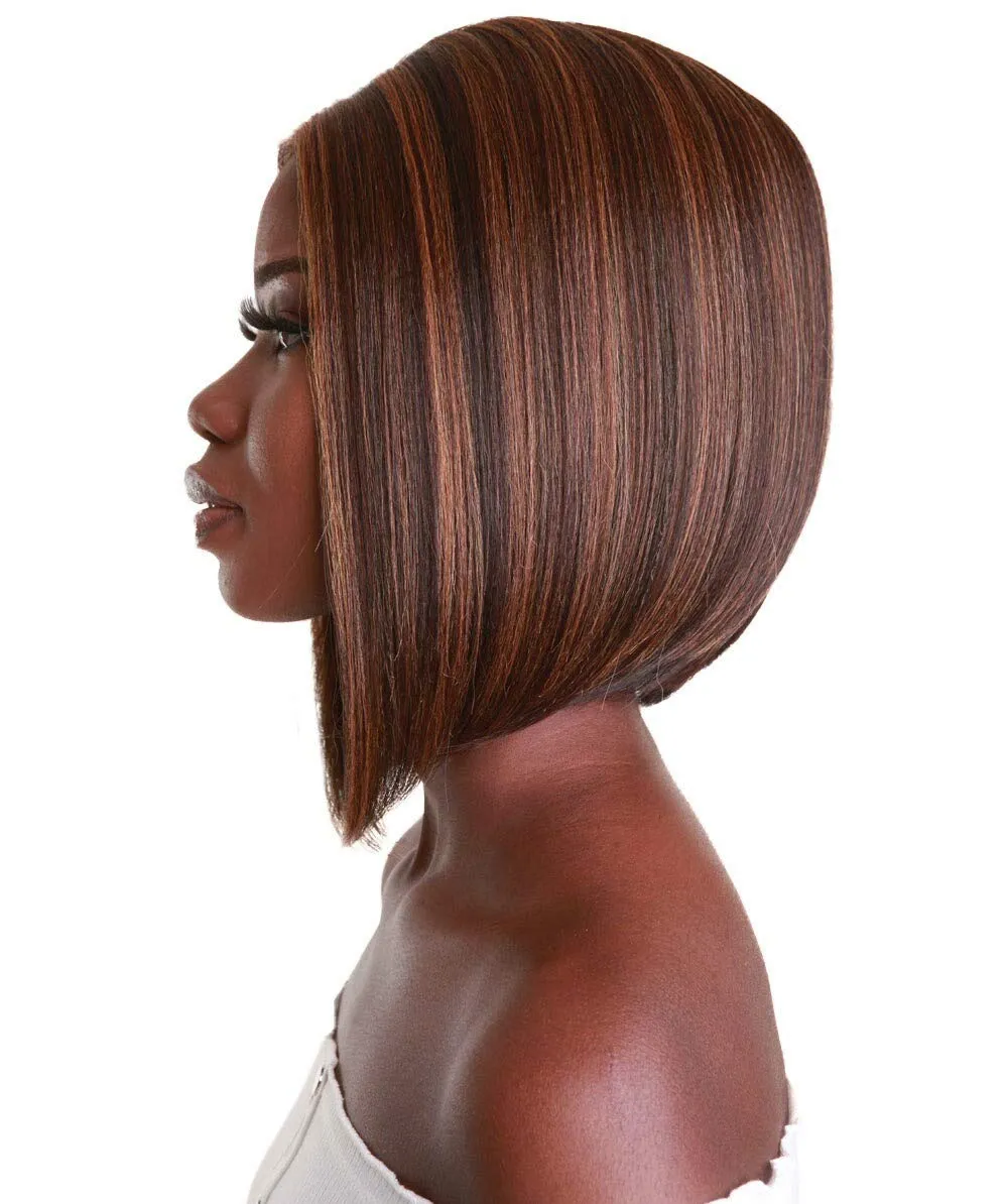 Keda Straight 9.5 Inch Long 4X4 Hand-Tied Lace Front Wig, Heat Resistant Fiber, 20  Shades of Natural, Dip Dyed, & Blended Colors (#BX232 - Caramel Brown Blend)