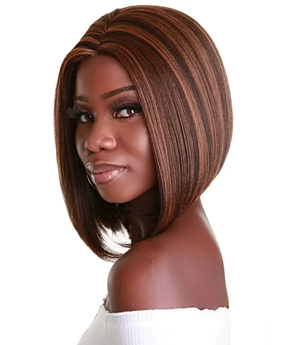 Keda Straight 9.5 Inch Long 4X4 Hand-Tied Lace Front Wig, Heat Resistant Fiber, 20  Shades of Natural, Dip Dyed, & Blended Colors (#BX232 - Caramel Brown Blend)