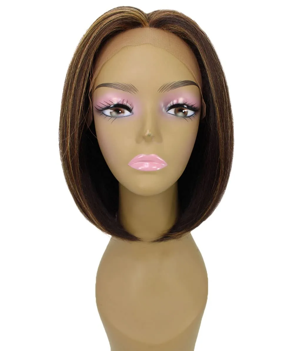 Keda Straight 9.5 Inch Long 4X4 Hand-Tied Lace Front Wig, Heat Resistant Fiber, 20  Shades of Natural, Dip Dyed, & Blended Colors (#BX232 - Caramel Brown Blend)