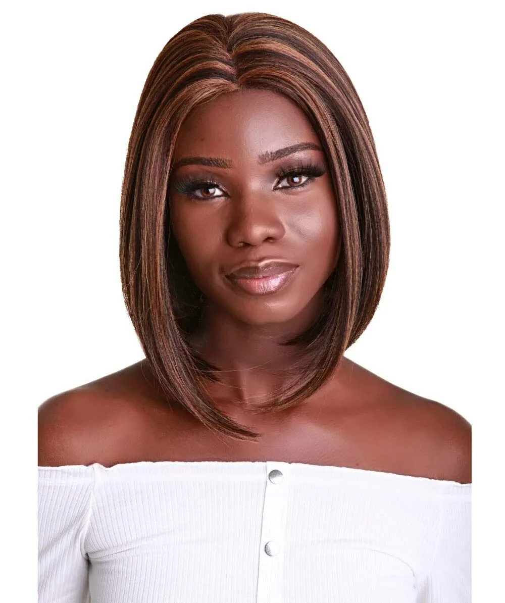 Keda Straight 9.5 Inch Long 4X4 Hand-Tied Lace Front Wig, Heat Resistant Fiber, 20  Shades of Natural, Dip Dyed, & Blended Colors (#BX232 - Caramel Brown Blend)