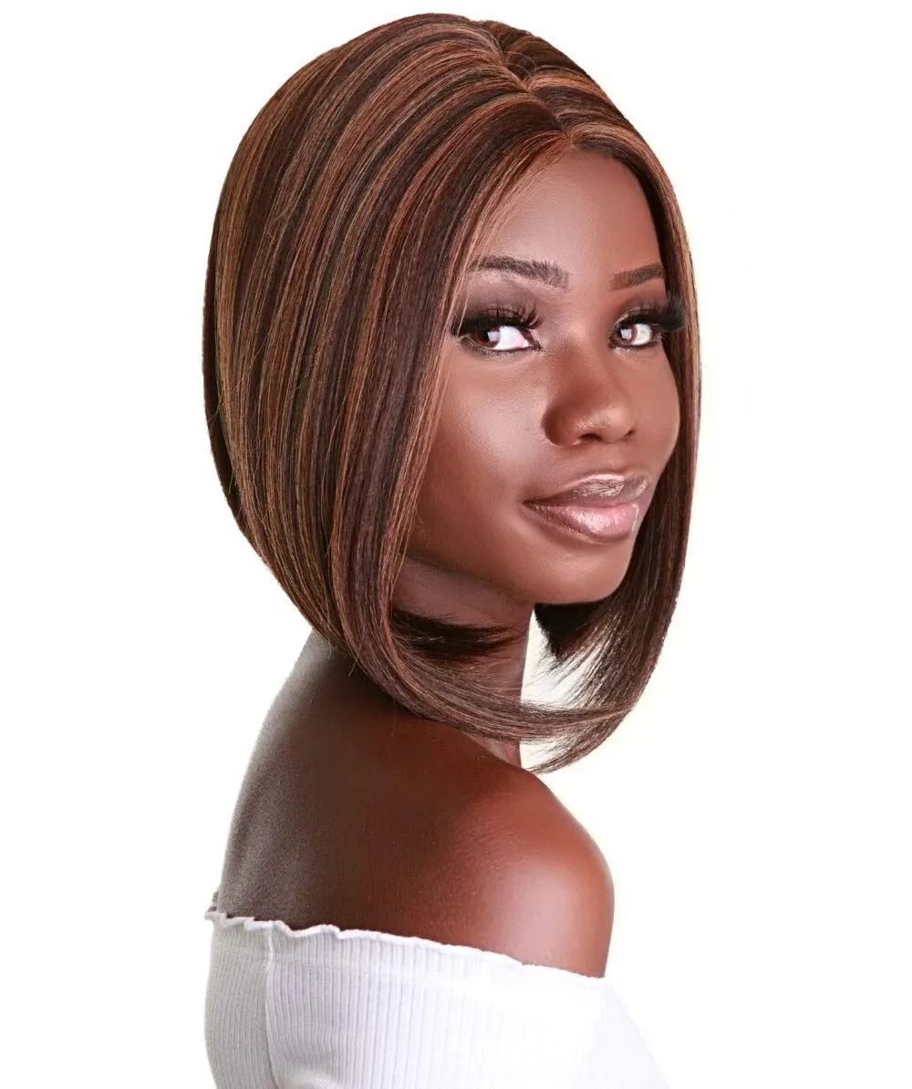 Keda Straight 9.5 Inch Long 4X4 Hand-Tied Lace Front Wig, Heat Resistant Fiber, 20  Shades of Natural, Dip Dyed, & Blended Colors (#BX232 - Caramel Brown Blend)