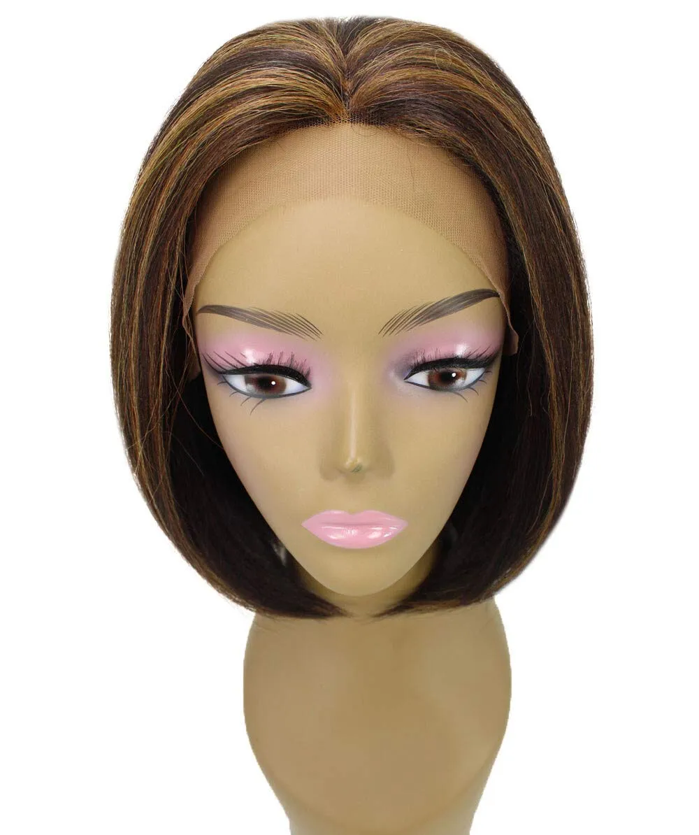 Keda Straight 9.5 Inch Long 4X4 Hand-Tied Lace Front Wig, Heat Resistant Fiber, 20  Shades of Natural, Dip Dyed, & Blended Colors (#BX232 - Caramel Brown Blend)